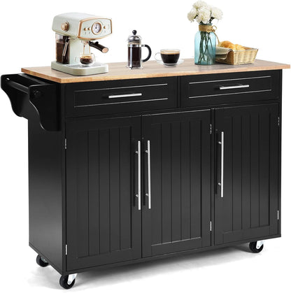 Mobile Kitchen Island Cart, Rolling Storage Trolley with Towel Bar, 2 Deep Drawers, 3 Door Cabinets, Swivel Casters, Rubber Wood Top, for Kitchen Dining Room (Black)