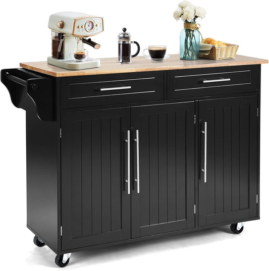 Mobile Kitchen Island Cart, Rolling Storage Trolley with Towel Bar, 2 Deep Drawers, 3 Door Cabinets, Swivel Casters, Rubber Wood Top, for Kitchen Dining Room (Black)