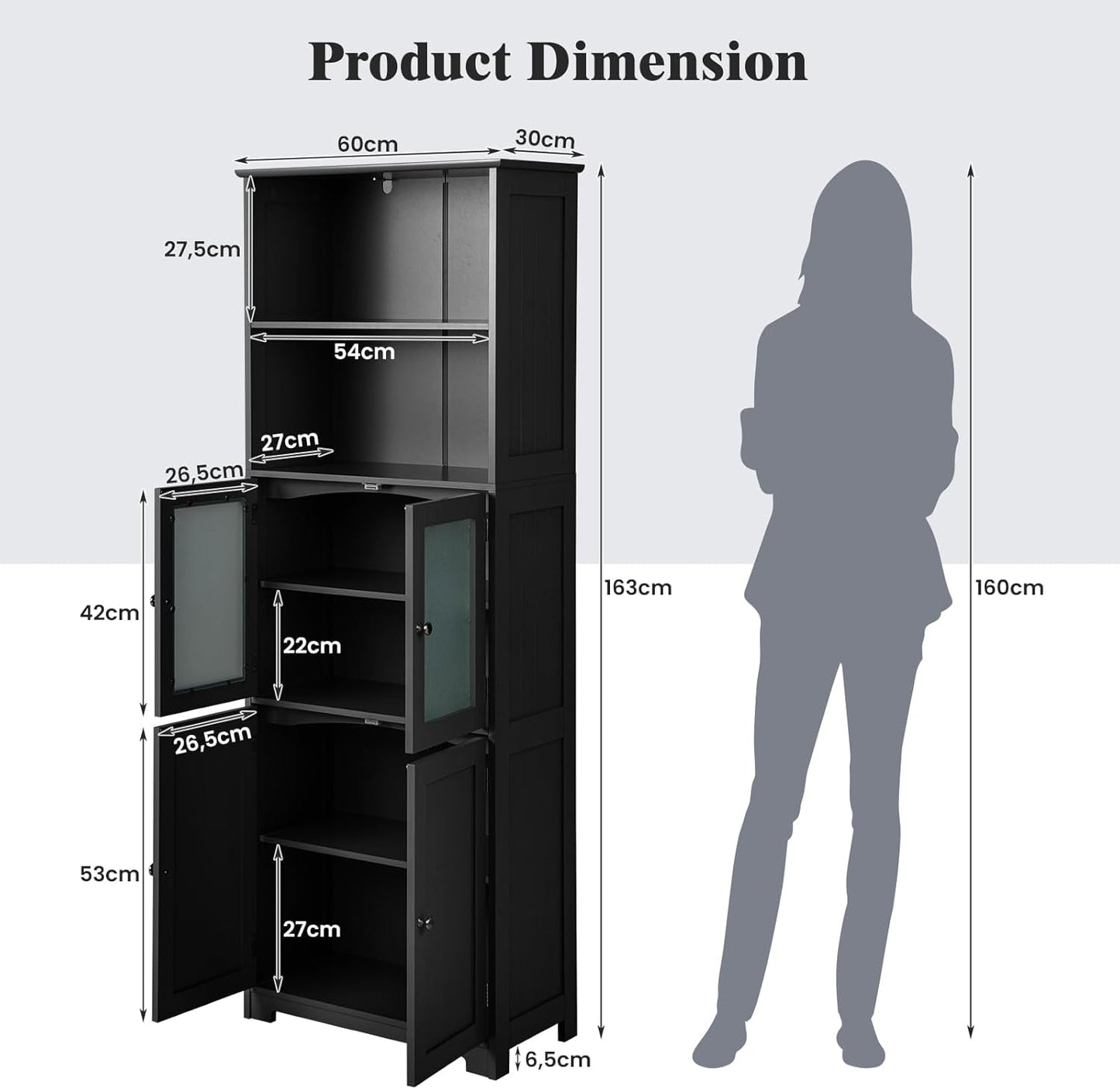 Giantex 163Cm Bathroom Storage Cabinet, Kitchen Pantry Cupboard with Glass Doors, Open Storage Shelves & 3-Level Adjustable Shelves, Tall Storage Buffet Sideboard for Living Room Kitchen, Black