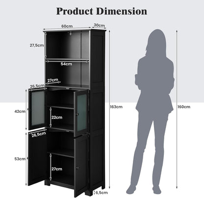 Giantex 163Cm Bathroom Storage Cabinet, Kitchen Pantry Cupboard with Glass Doors, Open Storage Shelves & 3-Level Adjustable Shelves, Tall Storage Buffet Sideboard for Living Room Kitchen, Black