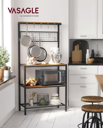 VASAGLE Bakers Rack, Coffee Bar, Kitchen Storage Shelf Rack with 10 Hooks, 3 Shelves, Adjustable Feet, for Microwave Oven, 15.7 X 33.1 X 66.9 Inches, Industrial, Rustic Brown and Black UKKS17BX