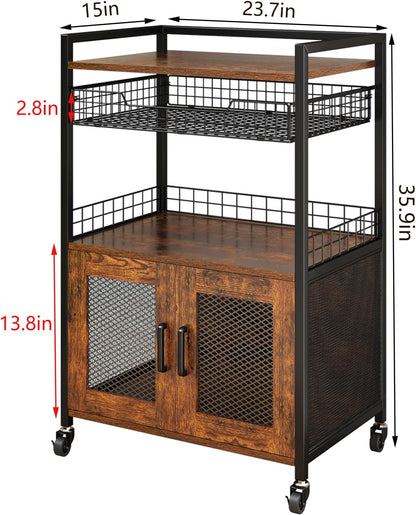 Coffee Bar Cabinet, 3 Tier Coffee Station Table on Wheels, 35.9'' H Bar Cart with Wire Basket Drawer & 5 Hooks for Home Kitchen