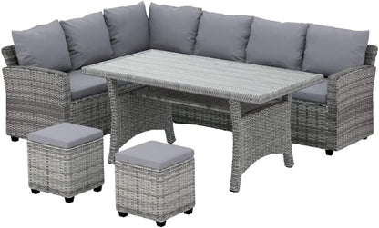 8 Seater Rattan Outdoor Table and Chairs Lounge Set Wicker Dining Tables Chair Setting Sofa, Patio Furniture Garden Backyard, Weather-Resistant Cushions Pillows Grey with Ottoman