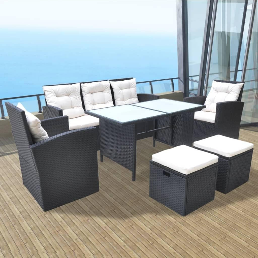 6-Piece Outdoor Dining Set with Cushions - Stylish and Durable Poly Rattan Construction - Black Outdoor Furniture with Easy-Care Cushions