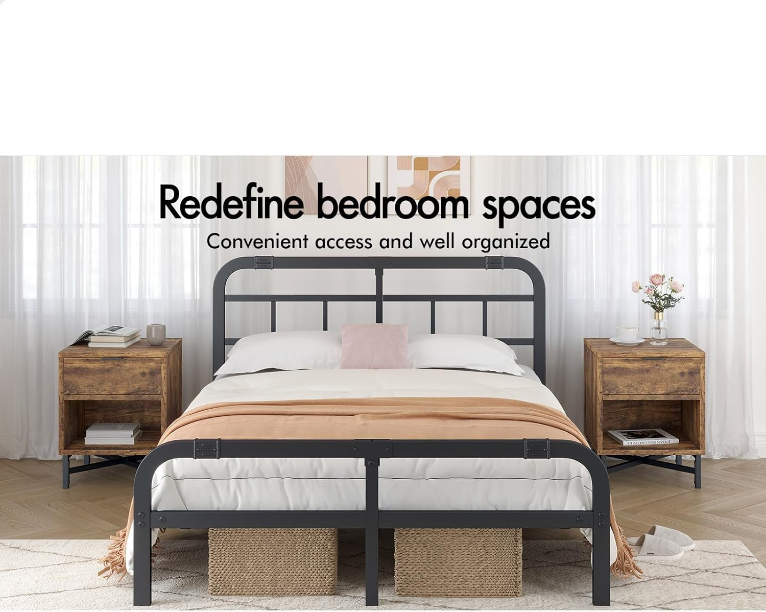 Wooden Bedside Table with Metal Frame Base, Compact Nightstand with Drawer and Shelf, 40 X 39.5 X 50.5Cm, Wood