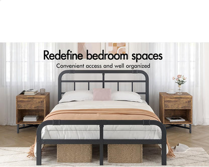 Wooden Bedside Table with Metal Frame Base, Compact Nightstand with Drawer and Shelf, 40 X 39.5 X 50.5Cm, Wood