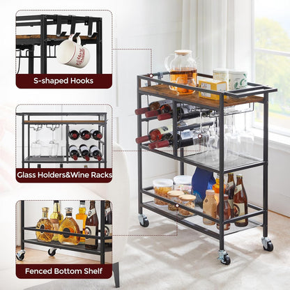 Bar Cart for Home, 3-Tier Serving Cart with Wheels and Handle, Beverage Cart with Wine Rack and Glass Holders, Rolling Wine Cart for Kitchen, Dining Room, Rustic Brown RCHR6101