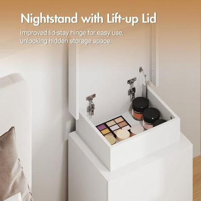LED Bedside Table, Nightstand with Lift up Storage and 3 Drawers, Storage Cabinet for Bedroom Living Room, High Gloss White
