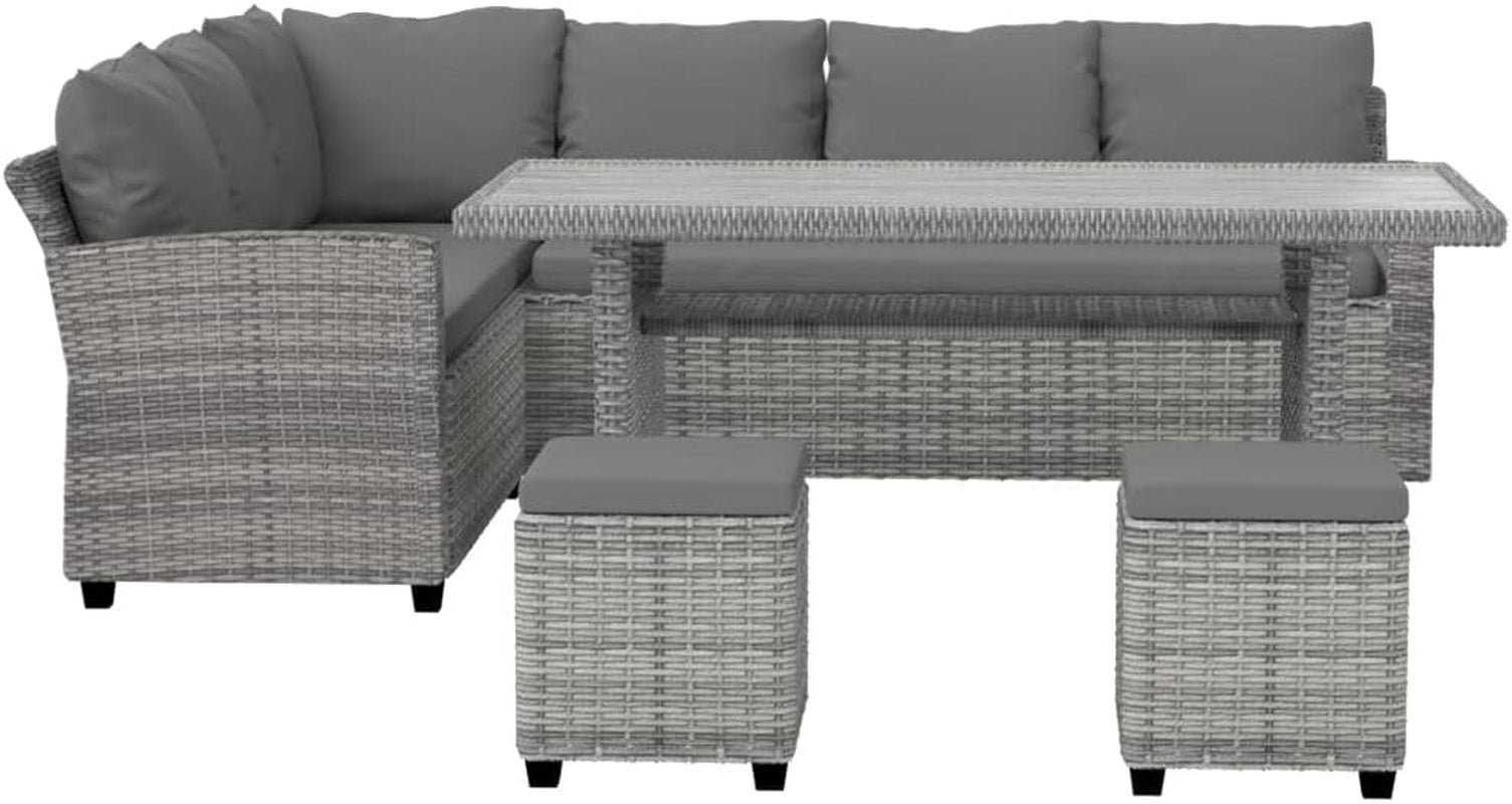 8 Seater Rattan Outdoor Table and Chairs Lounge Set Wicker Dining Tables Chair Setting Sofa, Patio Furniture Garden Backyard, Weather-Resistant Cushions Pillows Grey with Ottoman