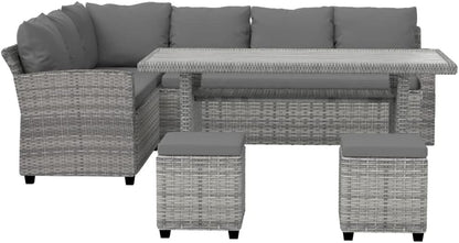 8 Seater Rattan Outdoor Table and Chairs Lounge Set Wicker Dining Tables Chair Setting Sofa, Patio Furniture Garden Backyard, Weather-Resistant Cushions Pillows Grey with Ottoman
