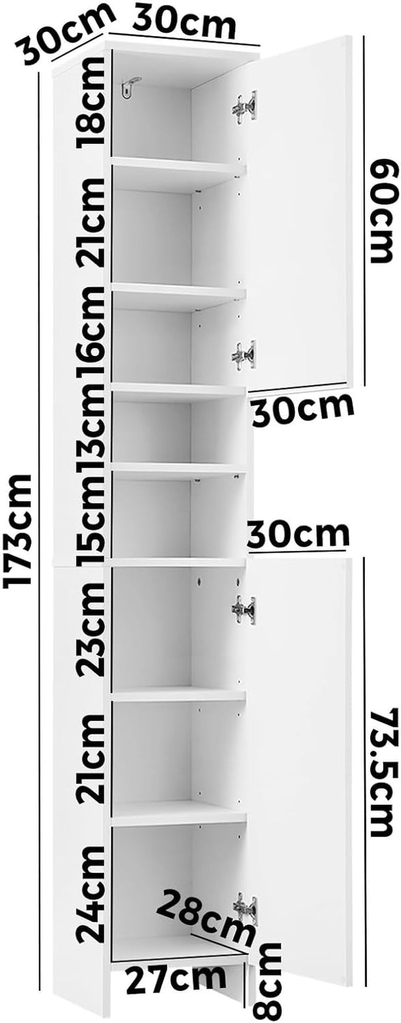 Bathroom Cabinet Cupboard Storage Tallboy with Adjustable Shelves 173 X 30 X 30Cm