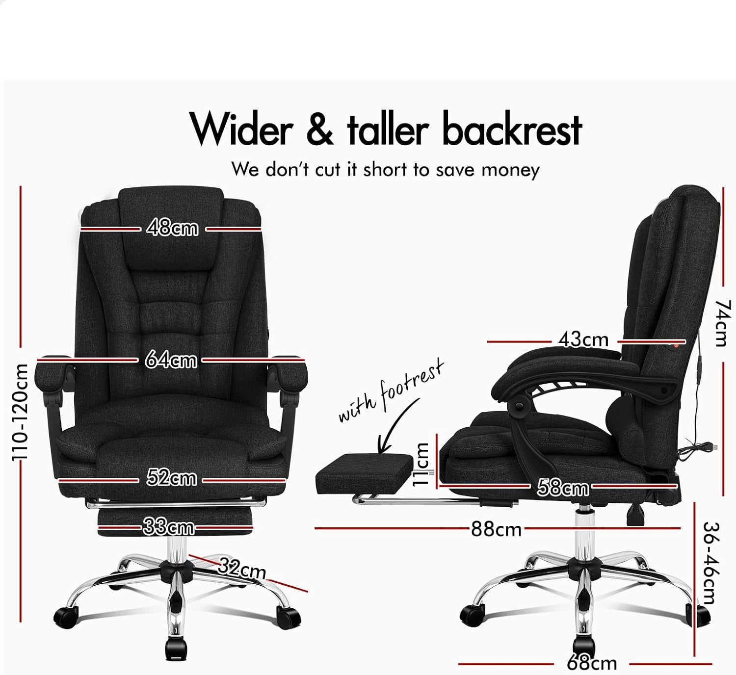 ALFORDSON Executive Office Chair High Back Massage with Footrest, Ergonomic Computer Chair Home Desk Chair, Video Game Recliner Gaming Chairs, 180Kg Capacity (Fabric Black)