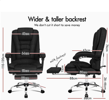 ALFORDSON Executive Office Chair High Back Massage with Footrest, Ergonomic Computer Chair Home Desk Chair, Video Game Recliner Gaming Chairs, 180Kg Capacity (Fabric Black)