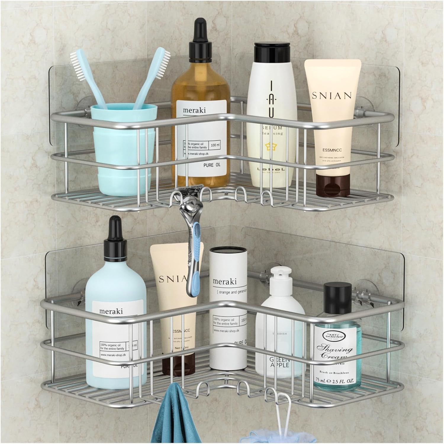 2 Pack Silver Corner Shower Hanging Bathroom Rack, Stainless Steel 304 Rust Resistant