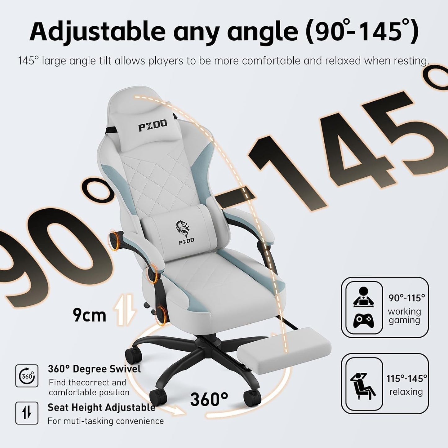 PZDO Ergonomic Office Chair with Footrest, Technology Fabric Ergonomic Chair for Adults, Computer Chair Gaming Desk Chair with Lumbar Support, Home Office Recliner Chair, Gift, Teens, (Gray)