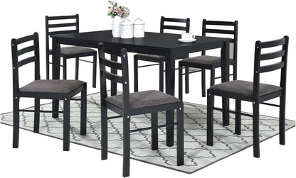 7-Piece Rustic Dining Set, Okoume Plywood Table & Chairs, Black