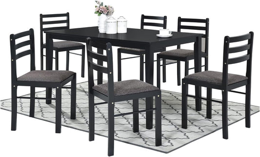 7-Piece Rustic Dining Set, Okoume Plywood Table & Chairs, Black