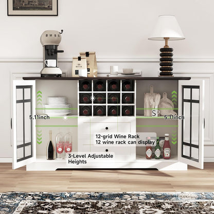 Farmhouse Buffet Cabinet with Storage, Large 59'' Sideboard Wine Coffee Bar Cabinet with 2 Glass Doors, Removable Wine Rack, Buffet Table Storage Cabinet for Kitchen, 