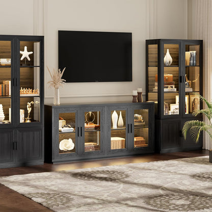 Wine Bar Cabinet with LED Light, 65" Sideboard Buffet Cabinet with Storage, Modern Home Coffee Bar Cabinet with Smart Human Sensor for Kitchen Dining Room Living Room, Black