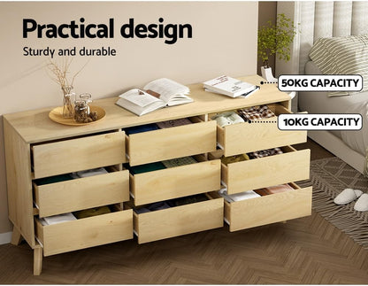 Chest of Drawers with 9 Drawer, Oak Wood Dresser Tallboy Storage Cabinet Board Side Tables Desk