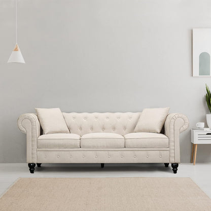 Cerna Chesterfield Sofa Lounge - Diamond Stitching, Swiss Linen-Blend Upholstery, Medium-Firm Cushions, Decorative Pillows, and Easy Assembly in Timeless Elegance, Beige