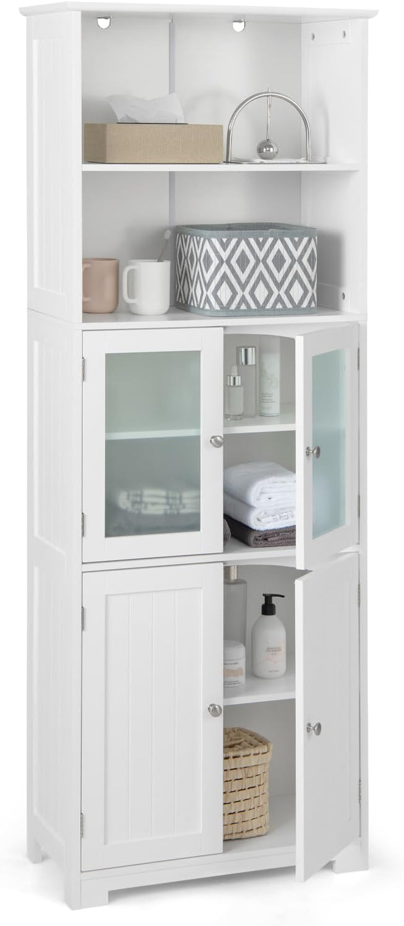 Giantex 163Cm Bathroom Storage Cabinet, Kitchen Pantry Cupboard with Glass Doors, Open Storage Shelves & 3-Level Adjustable Shelves, Tall Storage Buffet Sideboard for Living Room Kitchen, Black