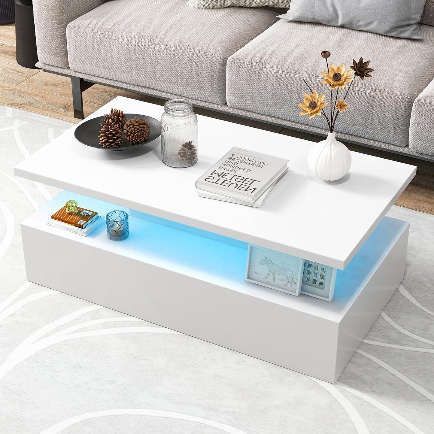 LED Coffee Table, Modern 2-Tier High Glossy White Coffee Table with Adjustable Light Colours, Speed & Brightness, (White)