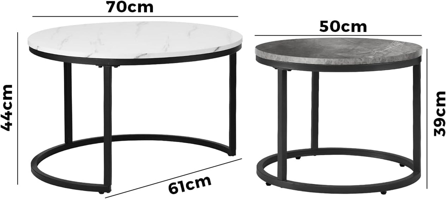Round Coffee Table Set of 2 Marble Coffee Table Side Nesting Table White and Grey
