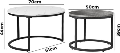 Round Coffee Table Set of 2 Marble Coffee Table Side Nesting Table White and Grey
