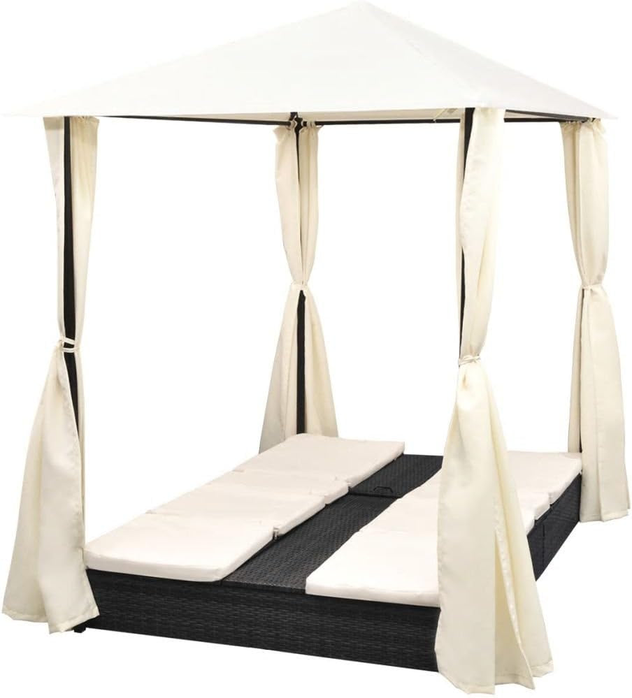 Chaise Lounge with Canopy Patio Furniture Outdoor Poolside Garden Adjustable Sun Lounge Poly Rattan Bed with Cushion for Patio Lawn Garden Backyard Porch Pool