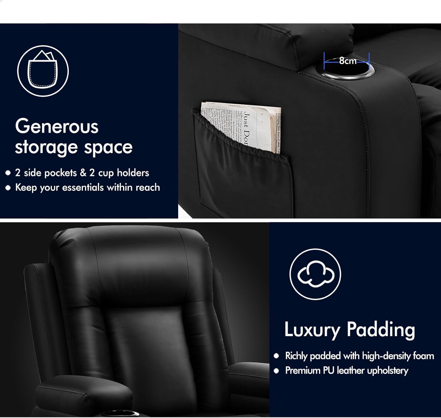 ALFORDSON Electric Recliner Chair, Fully Automatic Lifting and Reclining Lounge Sofa, PU Leather Heated Massage Armchair with Remote Control, Black