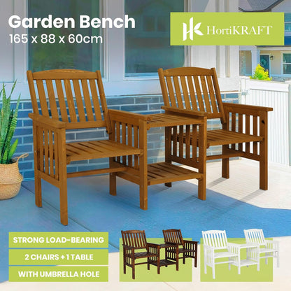 Wooden Outdoor Loveseats and Table Set - Fir Wood Twin Seats and Integrated Table Patio Conversation Set with 2-Seater Armchairs and Coffee Table Durable Garden Bench Furniture - White
