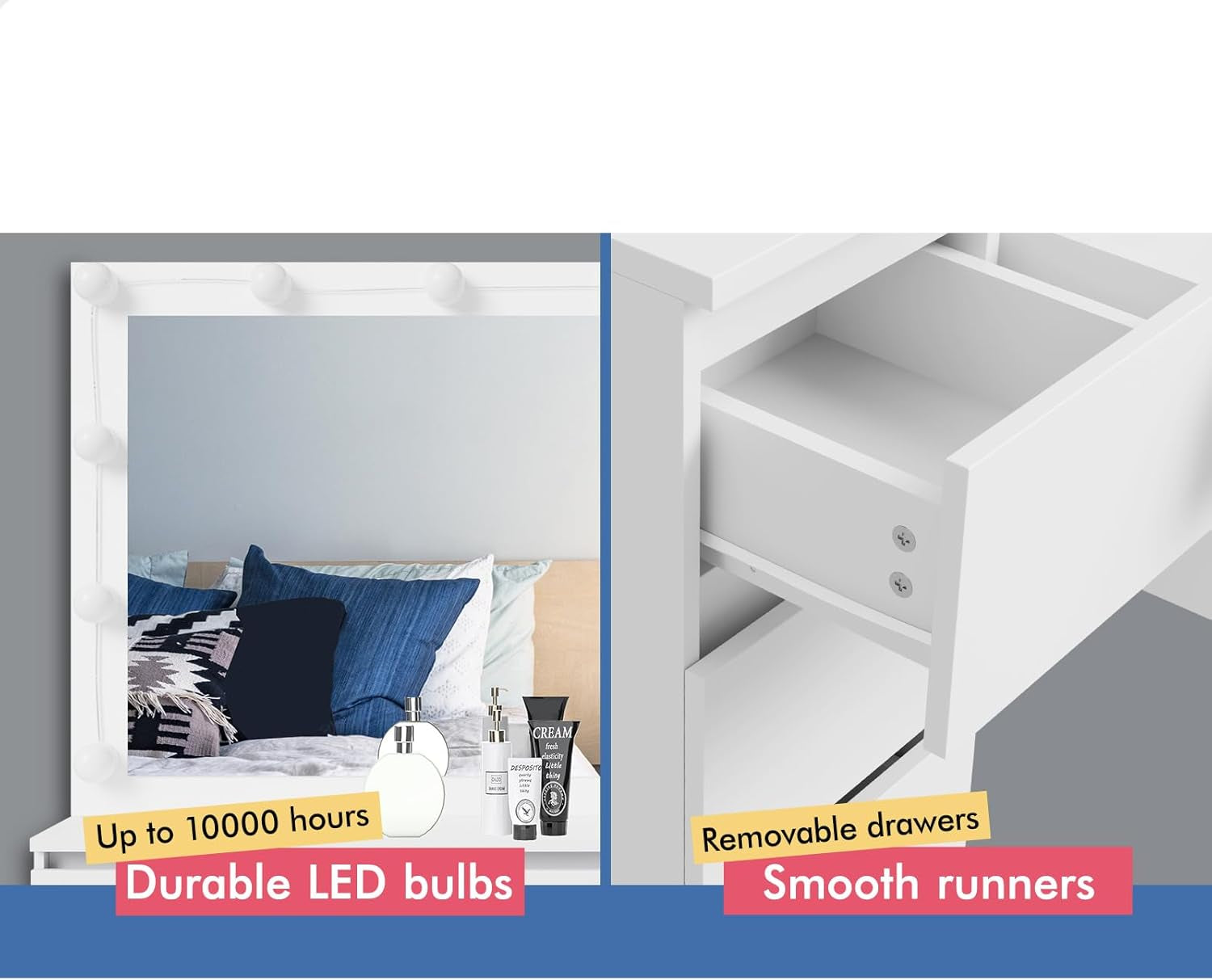 White Dressing Table Stool Set with Mirror, Storage Drawers and Chair, Makeup Mirror Desk with 12 LED Bulbs Adjustable Brightness Levels, Dresser Vanity Table Organiser for Dressing Room
