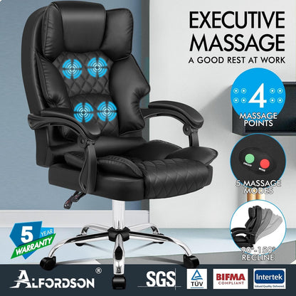 ALFORDSON Ergonomic Office Chair with Massage, 150° Recline and 360° Swivel, Gaming Executive Computer Racer Chair Adjustable Height,Pu Leather Home Office Chair with High Backest Support (Black)