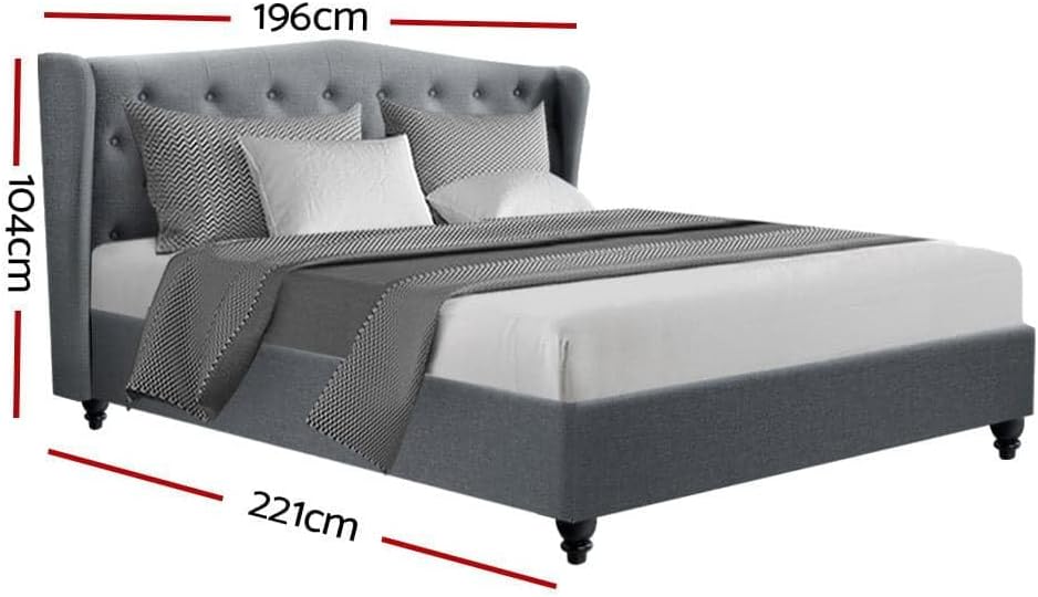 King Bed Frame Platform Wingback, Upholstered with Grey Faux Linen Fabric + Foam + Steel