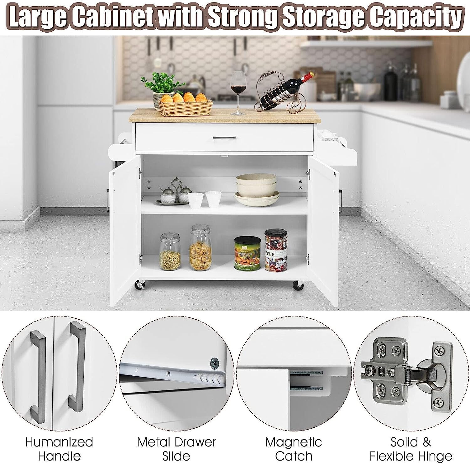 Giantex Wooden Rolling Kitchen Island, Storage Cart Trolley W/Adjustable Shelf, Spice Storage Sgelf, Towel Rack & Drawer, Utility Buffet Cabinet W/Beech Top for Kitchen Dinning Room Canteen, White