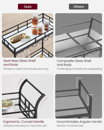 Bar Cart Black, Home Bar Serving Cart, Wine Cart with 2 Mirrored Shelves, Wine Holders, Glass Holders, for Kitchen, Dining Room, Black ULRC090B62