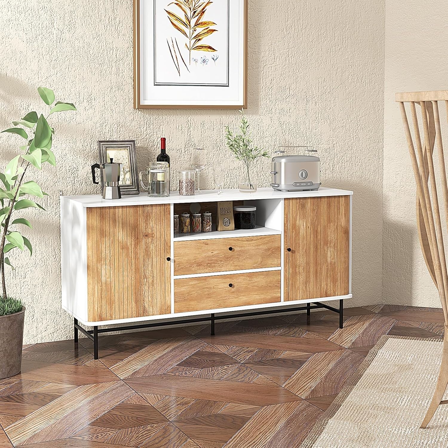 Buffet Sideboard, Mid Century Modern Coffee Bar Station W/Sliding Tambour Doors & 2 Storage Drawers