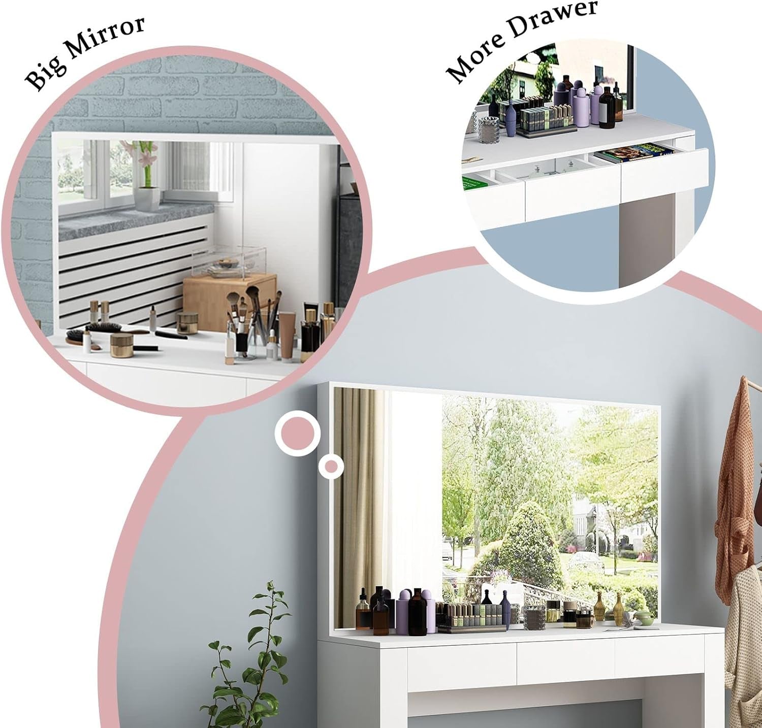 Dressing Table with Mirror Vanity Makeup Table with 3 Drawers Storage Modern Bedroom Furniture White