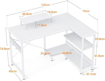 ODK L Shaped Computer Desk with Reversible Storage Shelves, 100 * 70 * 87.7Cm L-Shaped Desk, Corner Desk with Monitor Stand for Small Space, Home Office Desk, Modern Simple Writing Table, White