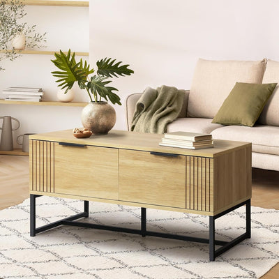 Coffee Table with Metal Base and 2 Storage Drawer Side End Table