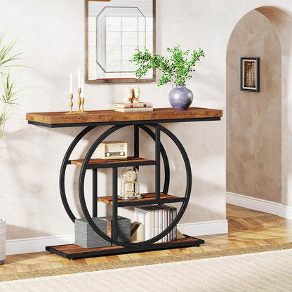 Rustic Console Table Hallway,105Cm Console Table, 4-Tier Entryway Console Table, Narrow Hall Table with Storage Shelves for Living Room, Foyer, Rustic Brown