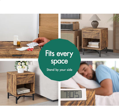 Wooden Bedside Table with Metal Frame Base, Compact Nightstand with Drawer and Shelf, 40 X 39.5 X 50.5Cm, Wood