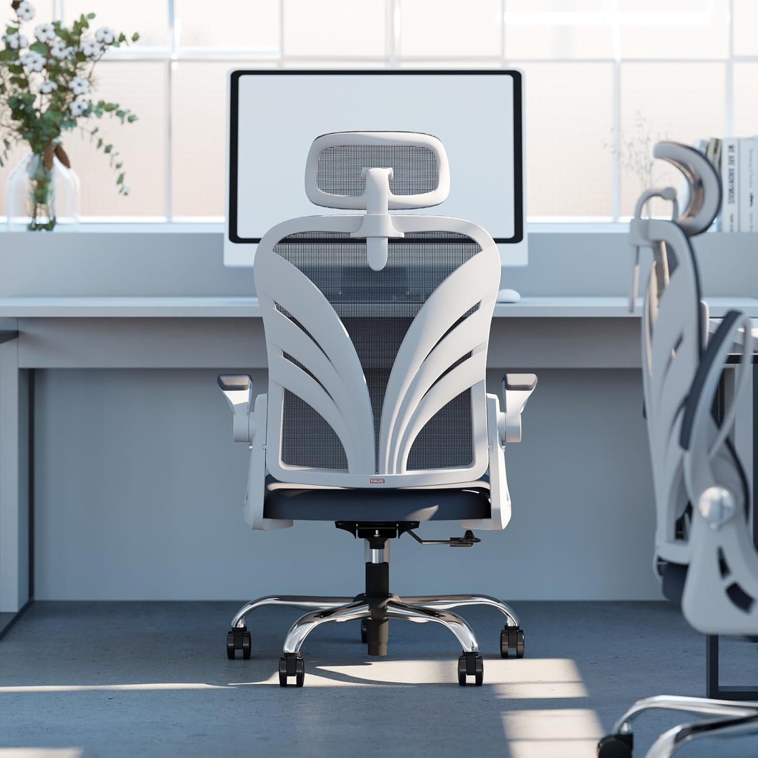 HOLLUDLE Ergonomic Office Chair with Foldable Backrest, Computer Desk Chair with Flip-Up Armrests, Mesh Lumbar Support and 2D Headrest Big and Tall Office Chair, White