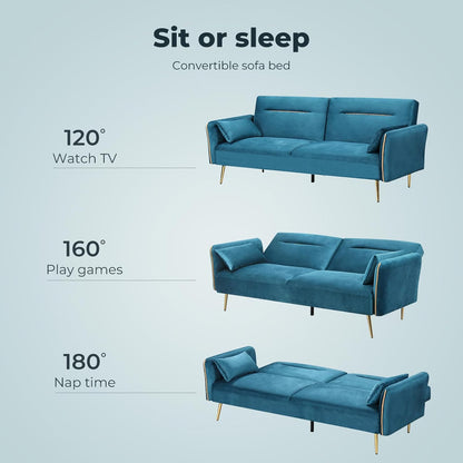 3 Seater Sofa Bed, Convertible Velvet Lounge Futon Couch with Recliner, Adjustable 3 Level Backrest with 2 Throw Pillow, Golden Legs for Small Spaces(198Cm X 80Cm X 83Cm, Peacock Blue)