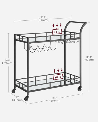 Bar Cart Black, Home Bar Serving Cart, Wine Cart with 2 Mirrored Shelves, Wine Holders, Glass Holders, for Kitchen, Dining Room, Black ULRC090B62