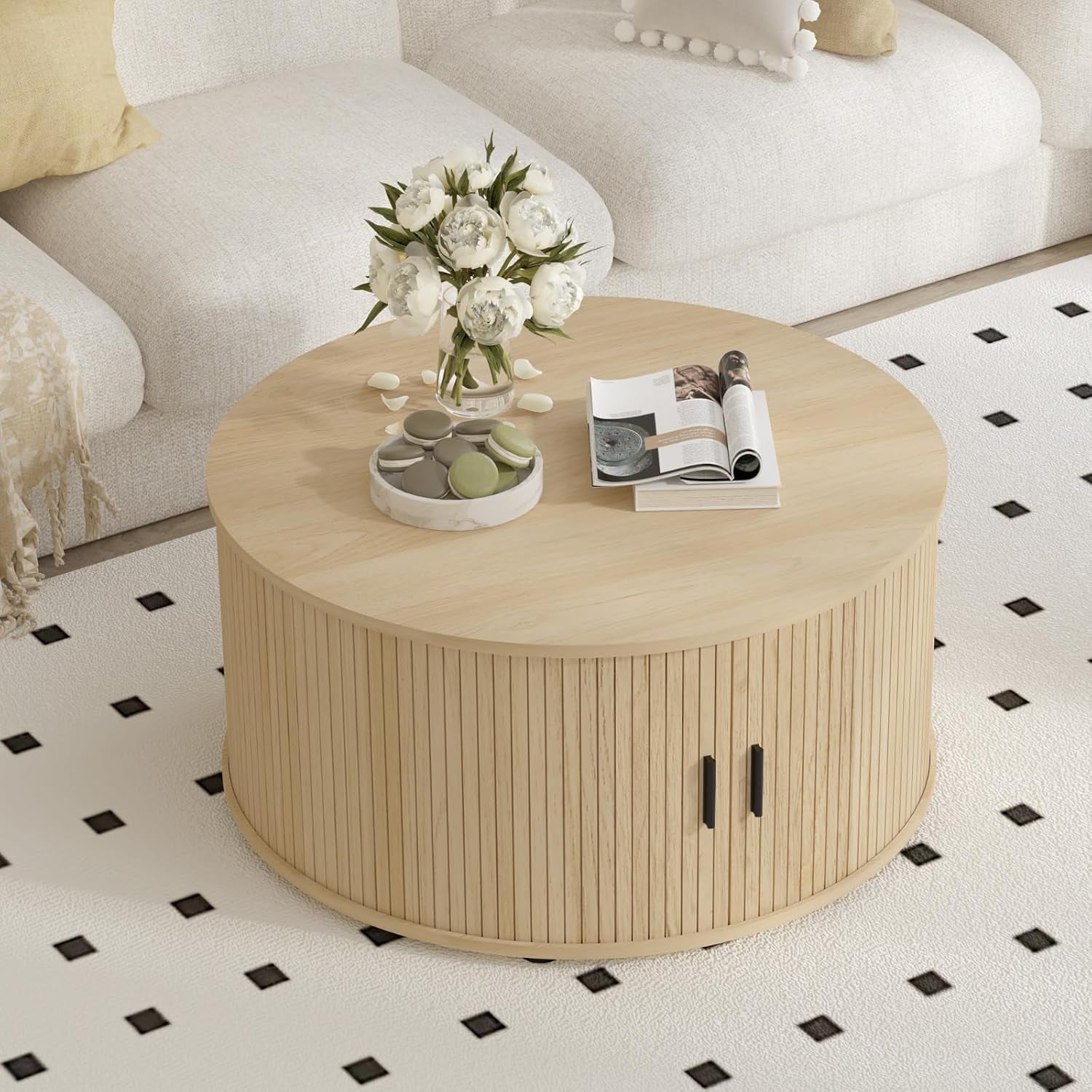  Round Coffee Table with Storage, Mid Century Modern Coffee Table with Sliding Cabinet Door, Wood Coffee Table for Living Room  Oak
