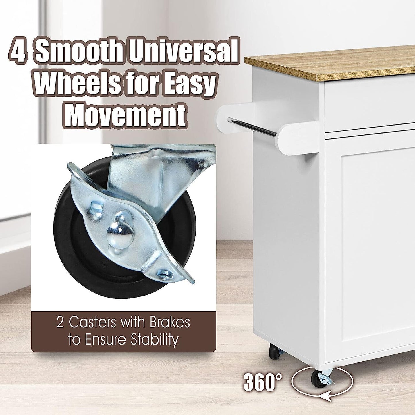 Giantex Wooden Rolling Kitchen Island, Storage Cart Trolley W/Adjustable Shelf, Spice Storage Sgelf, Towel Rack & Drawer, Utility Buffet Cabinet W/Beech Top for Kitchen Dinning Room Canteen, White