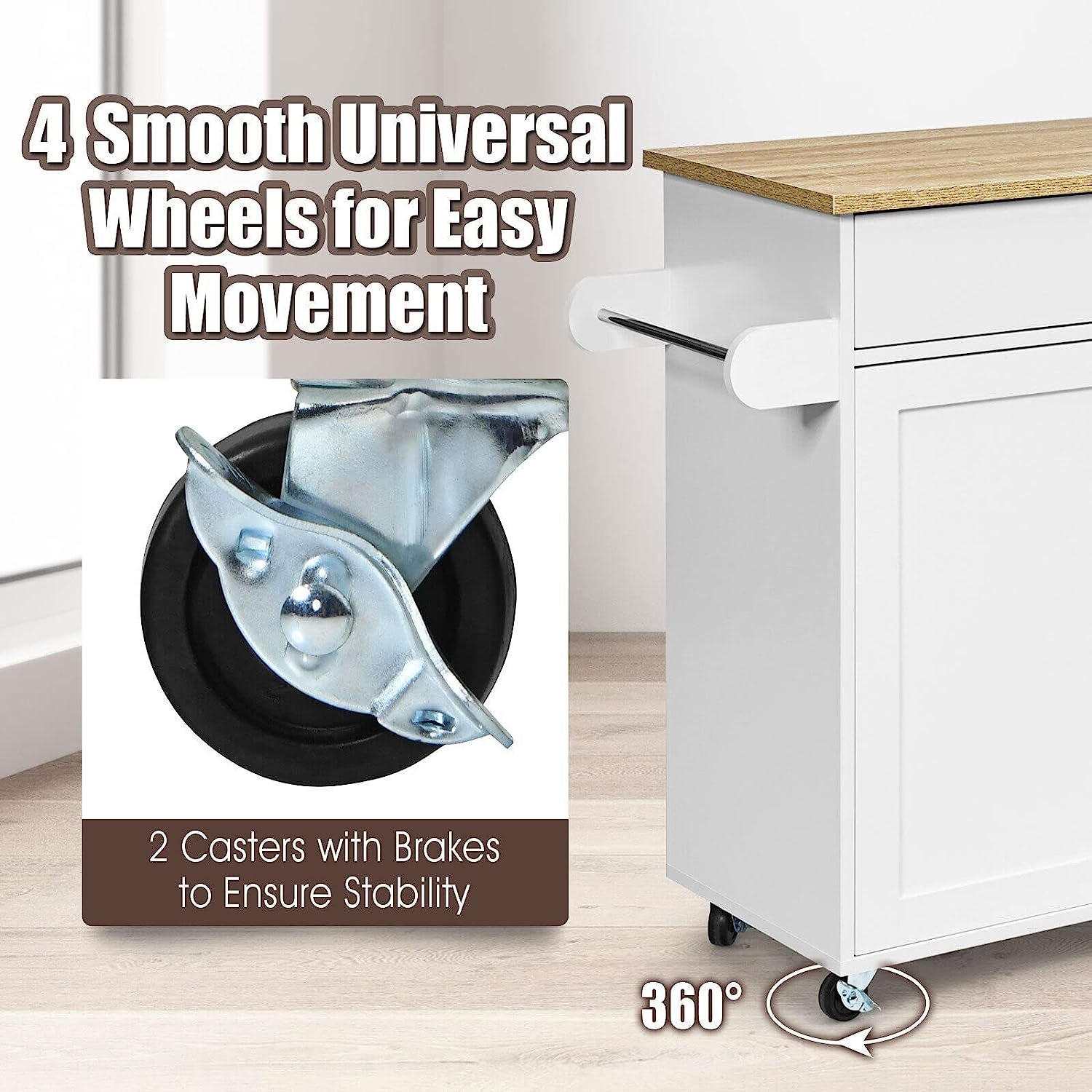 Giantex Wooden Rolling Kitchen Island, Storage Cart Trolley W/Adjustable Shelf, Spice Storage Sgelf, Towel Rack & Drawer, Utility Buffet Cabinet W/Beech Top for Kitchen Dinning Room Canteen, White