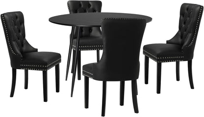 Dining Table and Chair Sets of 4 round Kitchen Table and Pu Leather Kitchen Chairs Black